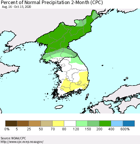 Korea Percent of Normal Precipitation 2-Month (CPC) Thematic Map For 8/16/2020 - 10/15/2020