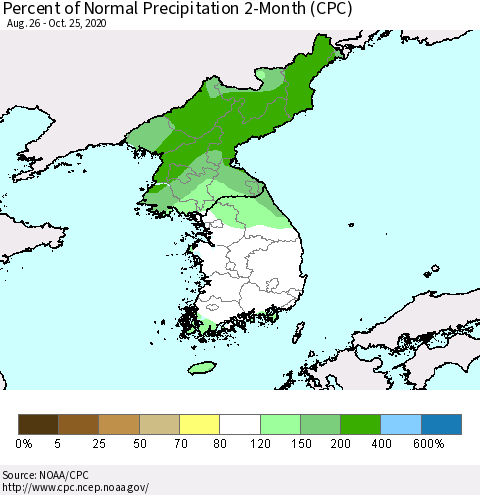 Korea Percent of Normal Precipitation 2-Month (CPC) Thematic Map For 8/26/2020 - 10/25/2020