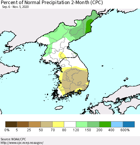 Korea Percent of Normal Precipitation 2-Month (CPC) Thematic Map For 9/6/2020 - 11/5/2020
