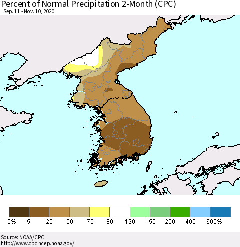 Korea Percent of Normal Precipitation 2-Month (CPC) Thematic Map For 9/11/2020 - 11/10/2020