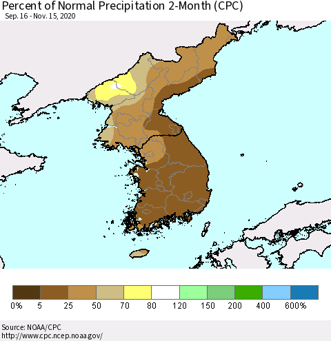 Korea Percent of Normal Precipitation 2-Month (CPC) Thematic Map For 9/16/2020 - 11/15/2020