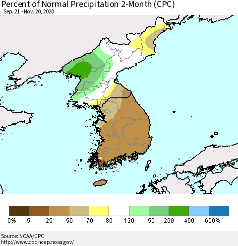 Korea Percent of Normal Precipitation 2-Month (CPC) Thematic Map For 9/21/2020 - 11/20/2020