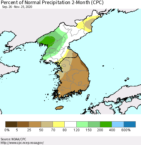 Korea Percent of Normal Precipitation 2-Month (CPC) Thematic Map For 9/26/2020 - 11/25/2020