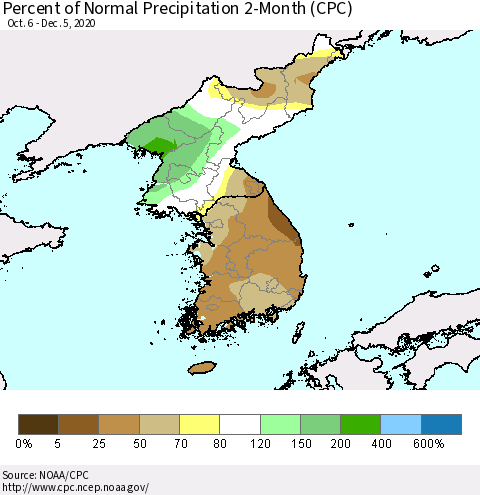 Korea Percent of Normal Precipitation 2-Month (CPC) Thematic Map For 10/6/2020 - 12/5/2020