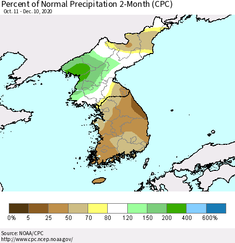 Korea Percent of Normal Precipitation 2-Month (CPC) Thematic Map For 10/11/2020 - 12/10/2020