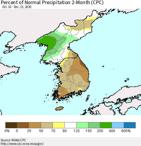 Korea Percent of Normal Precipitation 2-Month (CPC) Thematic Map For 10/16/2020 - 12/15/2020