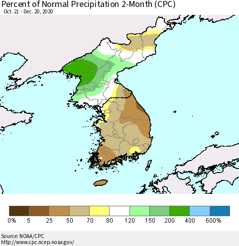 Korea Percent of Normal Precipitation 2-Month (CPC) Thematic Map For 10/21/2020 - 12/20/2020