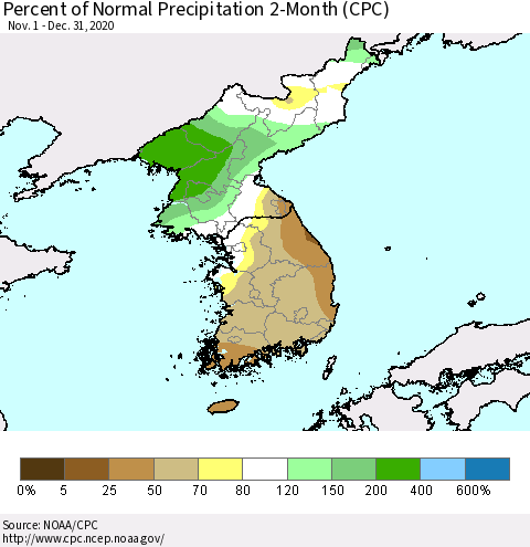 Korea Percent of Normal Precipitation 2-Month (CPC) Thematic Map For 11/1/2020 - 12/31/2020