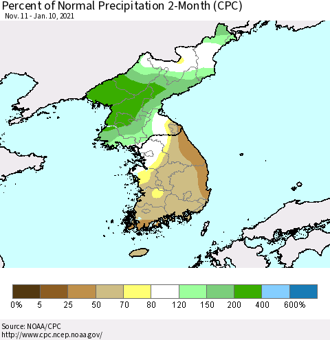 Korea Percent of Normal Precipitation 2-Month (CPC) Thematic Map For 11/11/2020 - 1/10/2021