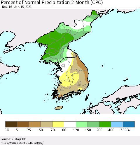 Korea Percent of Normal Precipitation 2-Month (CPC) Thematic Map For 11/16/2020 - 1/15/2021