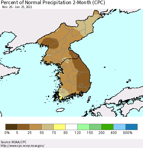 Korea Percent of Normal Precipitation 2-Month (CPC) Thematic Map For 11/26/2020 - 1/25/2021