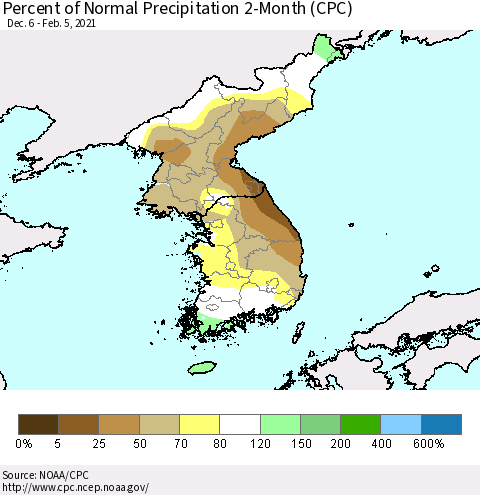 Korea Percent of Normal Precipitation 2-Month (CPC) Thematic Map For 12/6/2020 - 2/5/2021