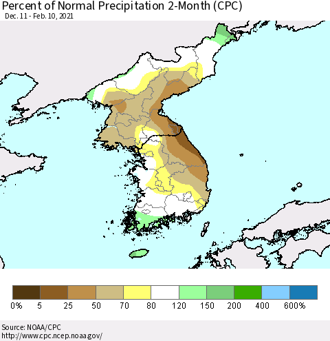 Korea Percent of Normal Precipitation 2-Month (CPC) Thematic Map For 12/11/2020 - 2/10/2021