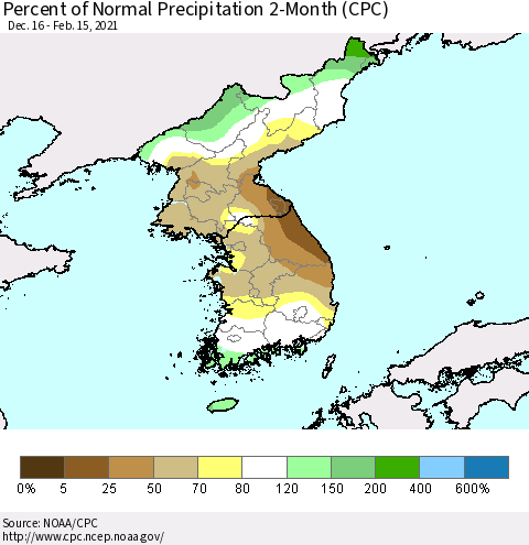 Korea Percent of Normal Precipitation 2-Month (CPC) Thematic Map For 12/16/2020 - 2/15/2021