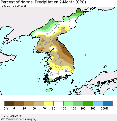 Korea Percent of Normal Precipitation 2-Month (CPC) Thematic Map For 12/21/2020 - 2/20/2021