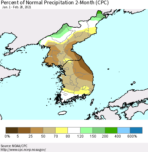 Korea Percent of Normal Precipitation 2-Month (CPC) Thematic Map For 1/1/2021 - 2/28/2021