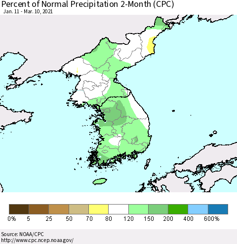 Korea Percent of Normal Precipitation 2-Month (CPC) Thematic Map For 1/11/2021 - 3/10/2021