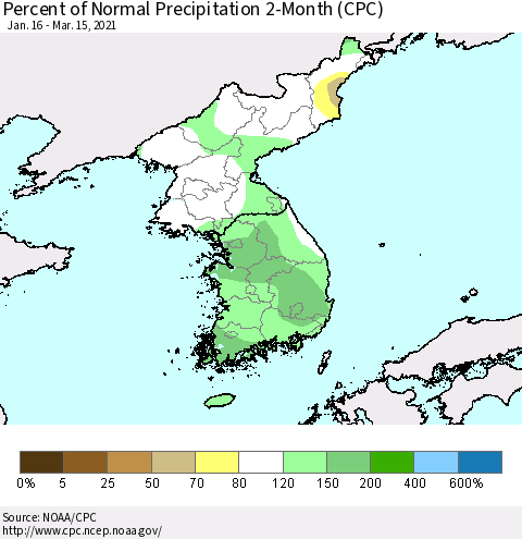 Korea Percent of Normal Precipitation 2-Month (CPC) Thematic Map For 1/16/2021 - 3/15/2021