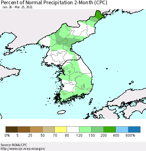 Korea Percent of Normal Precipitation 2-Month (CPC) Thematic Map For 1/26/2021 - 3/25/2021