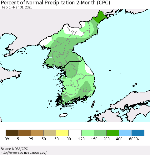 Korea Percent of Normal Precipitation 2-Month (CPC) Thematic Map For 2/1/2021 - 3/31/2021
