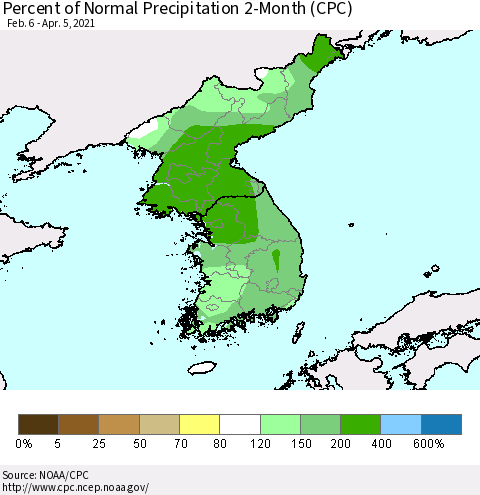 Korea Percent of Normal Precipitation 2-Month (CPC) Thematic Map For 2/6/2021 - 4/5/2021