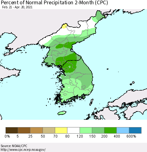 Korea Percent of Normal Precipitation 2-Month (CPC) Thematic Map For 2/21/2021 - 4/20/2021