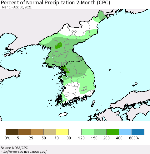 Korea Percent of Normal Precipitation 2-Month (CPC) Thematic Map For 3/1/2021 - 4/30/2021