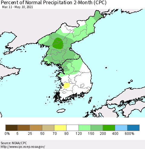 Korea Percent of Normal Precipitation 2-Month (CPC) Thematic Map For 3/11/2021 - 5/10/2021