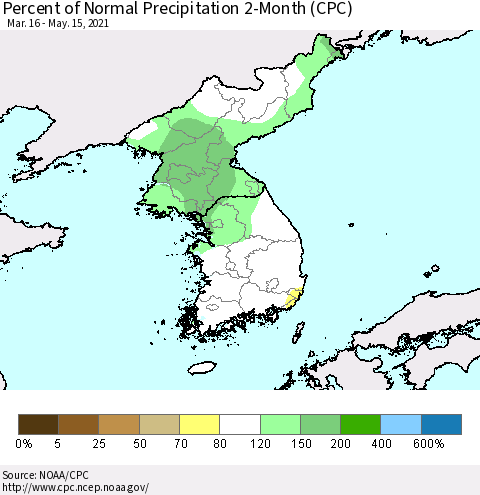Korea Percent of Normal Precipitation 2-Month (CPC) Thematic Map For 3/16/2021 - 5/15/2021