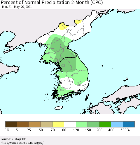 Korea Percent of Normal Precipitation 2-Month (CPC) Thematic Map For 3/21/2021 - 5/20/2021