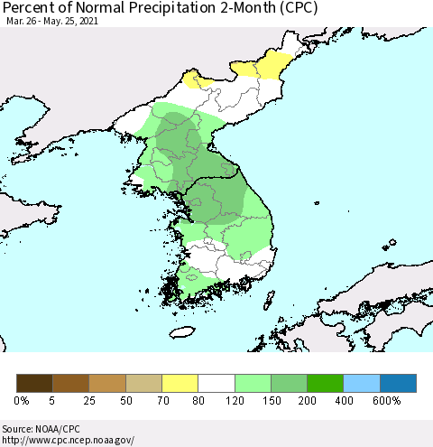 Korea Percent of Normal Precipitation 2-Month (CPC) Thematic Map For 3/26/2021 - 5/25/2021