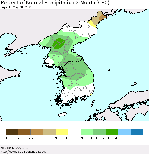 Korea Percent of Normal Precipitation 2-Month (CPC) Thematic Map For 4/1/2021 - 5/31/2021