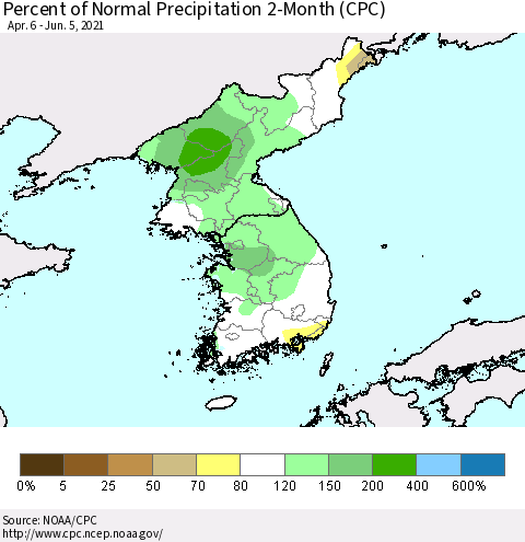 Korea Percent of Normal Precipitation 2-Month (CPC) Thematic Map For 4/6/2021 - 6/5/2021