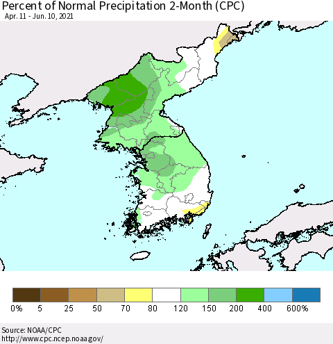 Korea Percent of Normal Precipitation 2-Month (CPC) Thematic Map For 4/11/2021 - 6/10/2021