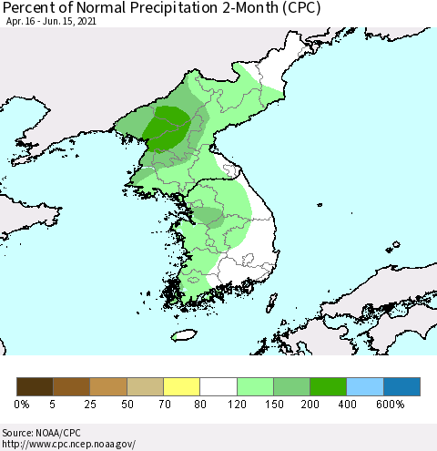 Korea Percent of Normal Precipitation 2-Month (CPC) Thematic Map For 4/16/2021 - 6/15/2021