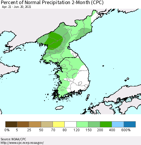 Korea Percent of Normal Precipitation 2-Month (CPC) Thematic Map For 4/21/2021 - 6/20/2021