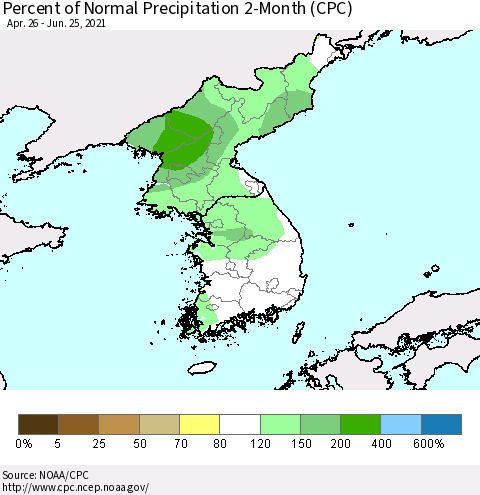 Korea Percent of Normal Precipitation 2-Month (CPC) Thematic Map For 4/26/2021 - 6/25/2021
