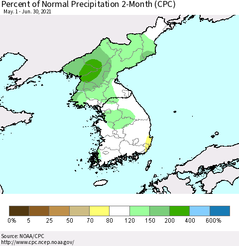 Korea Percent of Normal Precipitation 2-Month (CPC) Thematic Map For 5/1/2021 - 6/30/2021