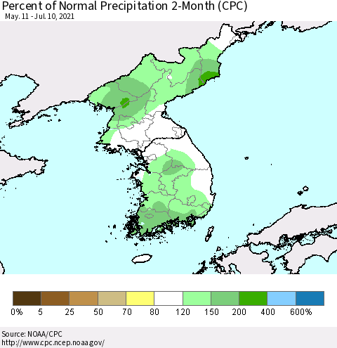 Korea Percent of Normal Precipitation 2-Month (CPC) Thematic Map For 5/11/2021 - 7/10/2021