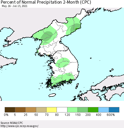Korea Percent of Normal Precipitation 2-Month (CPC) Thematic Map For 5/16/2021 - 7/15/2021