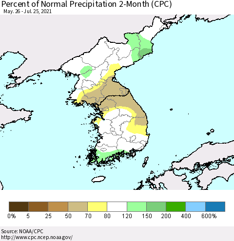 Korea Percent of Normal Precipitation 2-Month (CPC) Thematic Map For 5/26/2021 - 7/25/2021