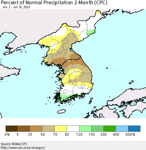 Korea Percent of Normal Precipitation 2-Month (CPC) Thematic Map For 6/1/2021 - 7/31/2021