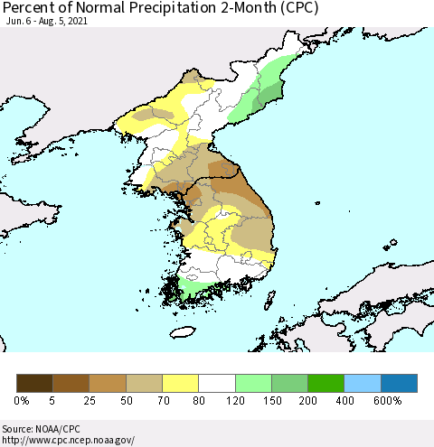 Korea Percent of Normal Precipitation 2-Month (CPC) Thematic Map For 6/6/2021 - 8/5/2021