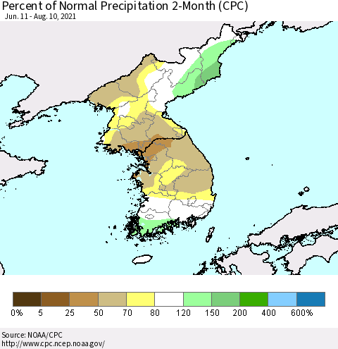 Korea Percent of Normal Precipitation 2-Month (CPC) Thematic Map For 6/11/2021 - 8/10/2021