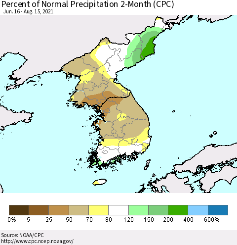 Korea Percent of Normal Precipitation 2-Month (CPC) Thematic Map For 6/16/2021 - 8/15/2021