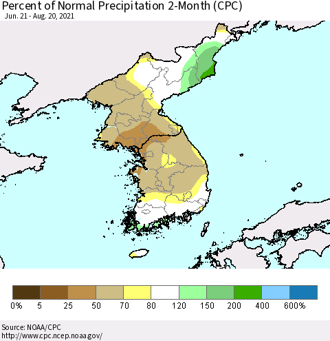 Korea Percent of Normal Precipitation 2-Month (CPC) Thematic Map For 6/21/2021 - 8/20/2021