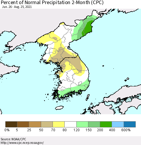 Korea Percent of Normal Precipitation 2-Month (CPC) Thematic Map For 6/26/2021 - 8/25/2021