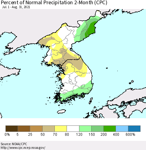 Korea Percent of Normal Precipitation 2-Month (CPC) Thematic Map For 7/1/2021 - 8/31/2021
