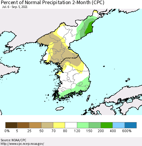 Korea Percent of Normal Precipitation 2-Month (CPC) Thematic Map For 7/6/2021 - 9/5/2021
