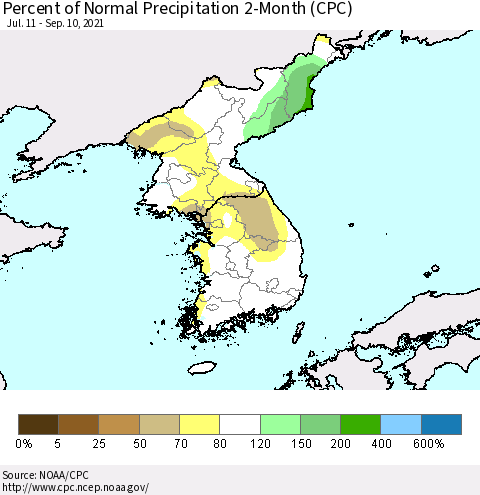 Korea Percent of Normal Precipitation 2-Month (CPC) Thematic Map For 7/11/2021 - 9/10/2021